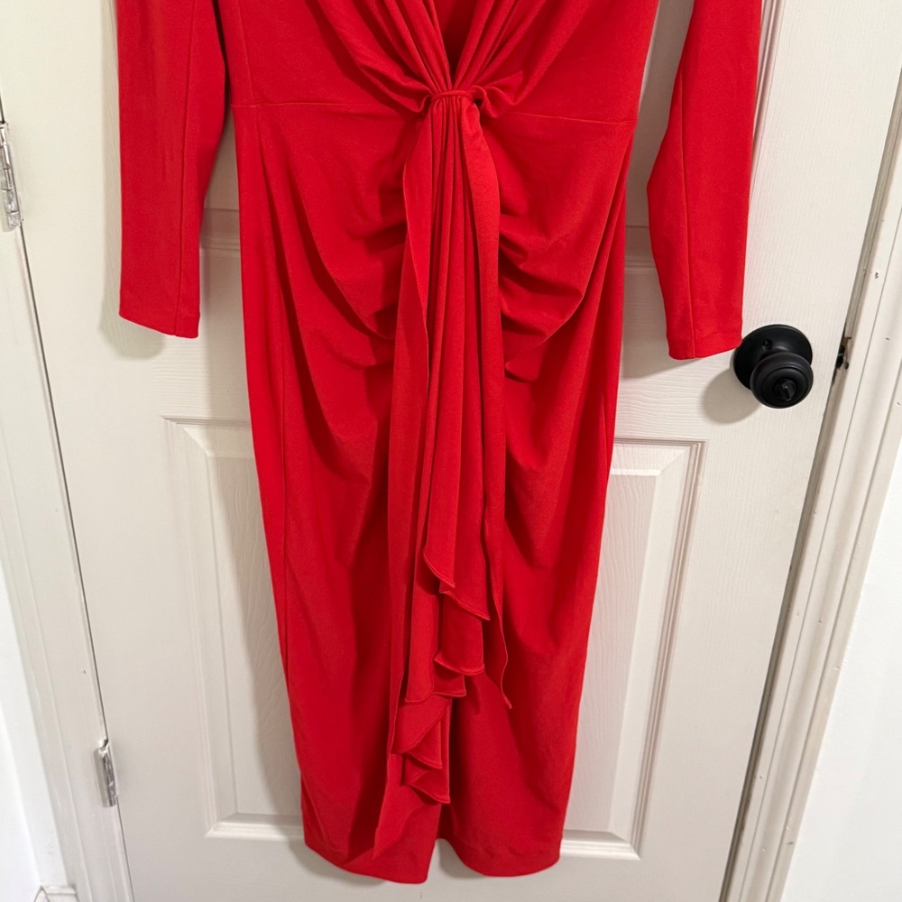 Solace London Lorena Midi Dress Women 8 Red Plunge Knot Draped Cocktail Formal - Picture 6 of 14